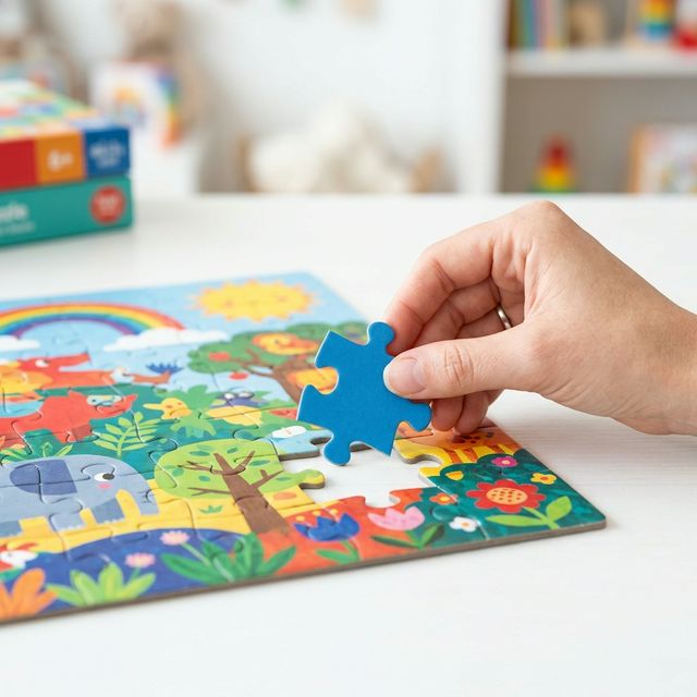 Jigsaw puzzle piece fitting into a colorful puzzle