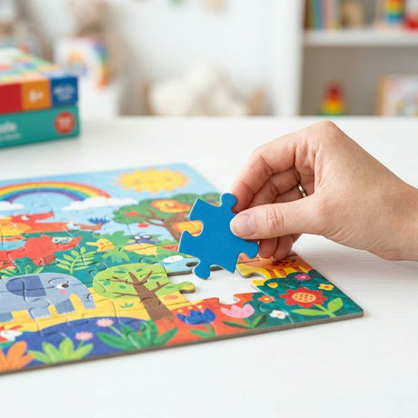 Jigsaw puzzle piece fitting into a colorful puzzle