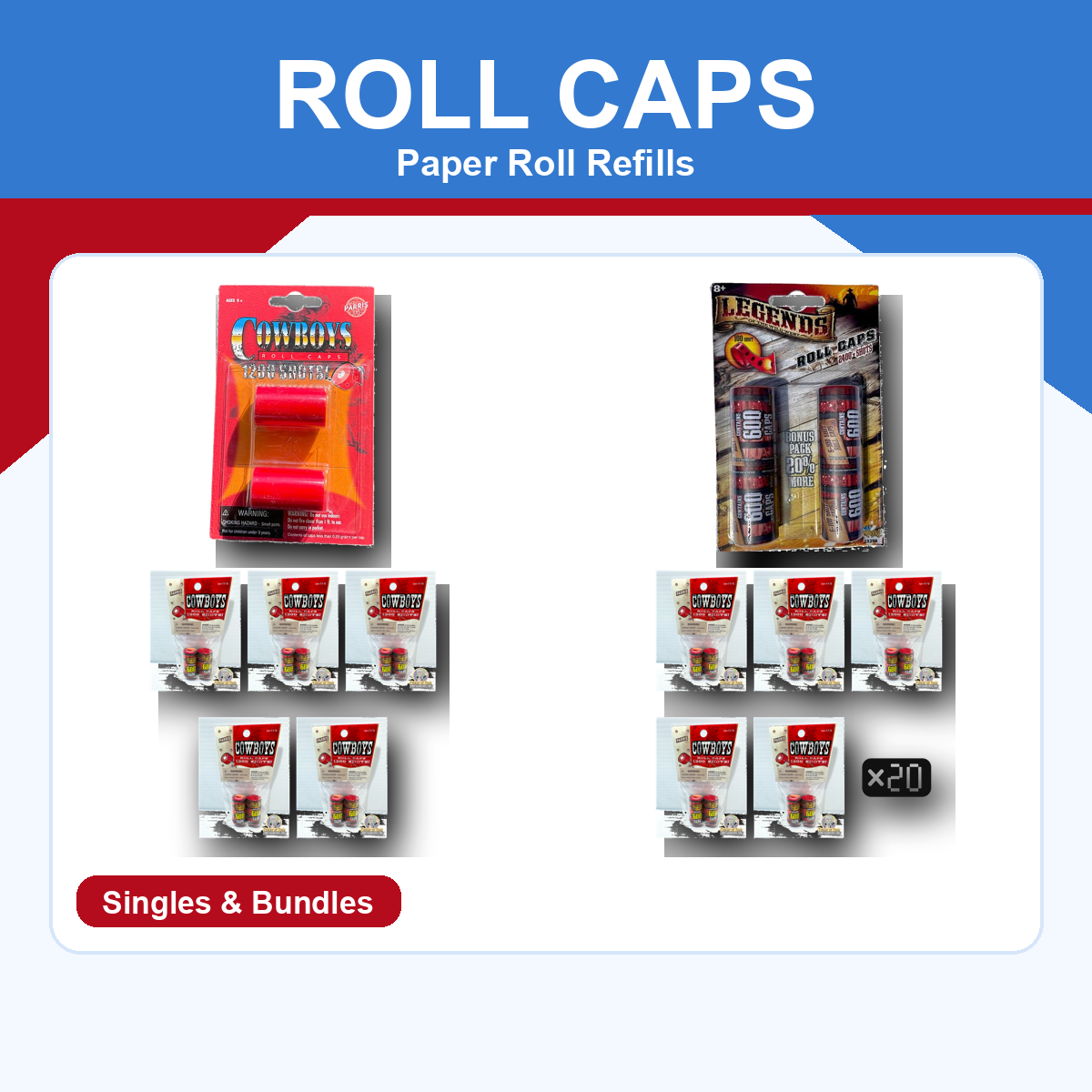 Paper roll cap refill packs and bundle packs on a blue and red ProTinkerToys collection card