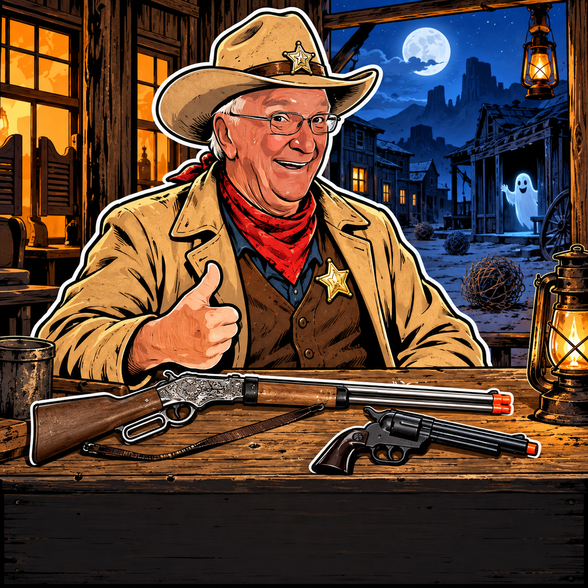 Bryan as a ghost-town sheriff with a Gonher toy lever-action rifle and cap revolver.
