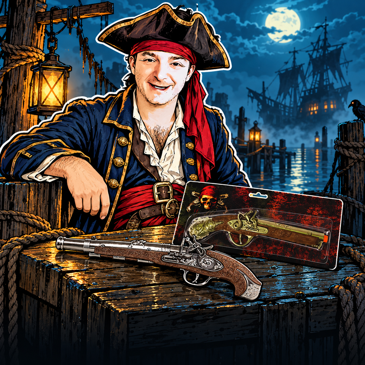 Danny as a pirate at a haunted dock with Gonher and Parris toy flintlock pistols.