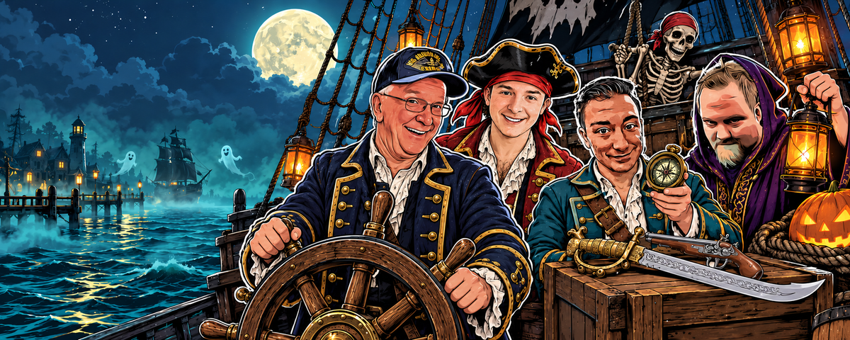 Bryan steers the pirate ship while Miami Danny joins the Halloween crew with toy weapons.