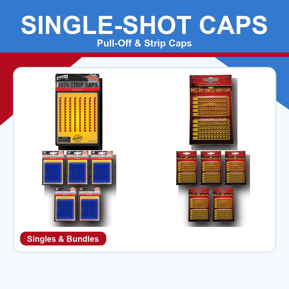 Single-shot pull-off and strip cap refill packs and bundles on a blue and red ProTinkerToys collection card