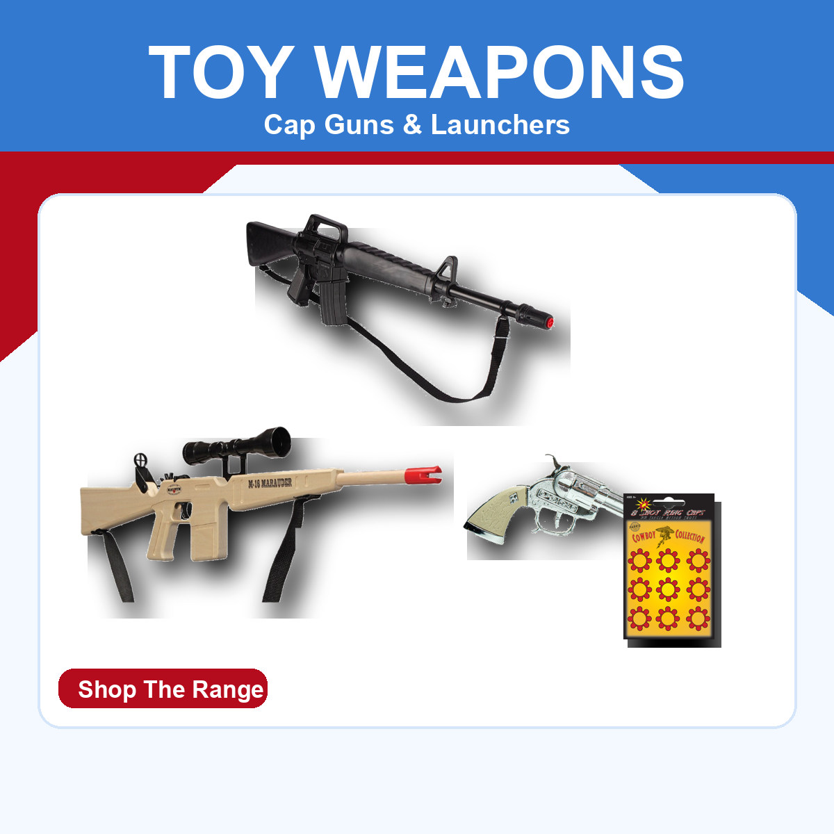 Toy weapons range with cap guns, rubber band launchers, Parris toys, and caps on a blue and red ProTinkerToys collection card