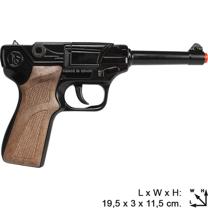 Black replica pistol with brown grip, displayed in its holster for Gonher 3124/6