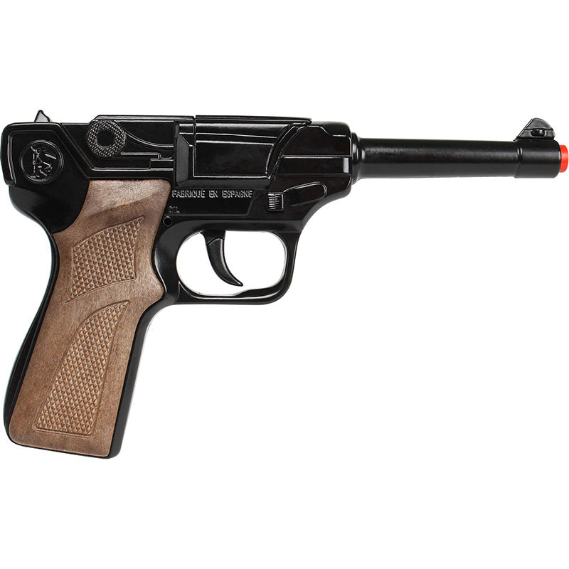 Black replica pistol with brown grip, displayed in a holster for Gonher 3124/6
