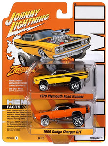 Second Chance Johnny Lightning 1970 Plymouth Road Runner Yellow w/Black & 1969 Dodge Charger R/T HEMI Orange w/Black  1 1:64 Diecast | JLPK020 | Round2