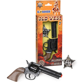 Toy cowboy set with revolver, badge, and accessories in box for Gonher 204/0