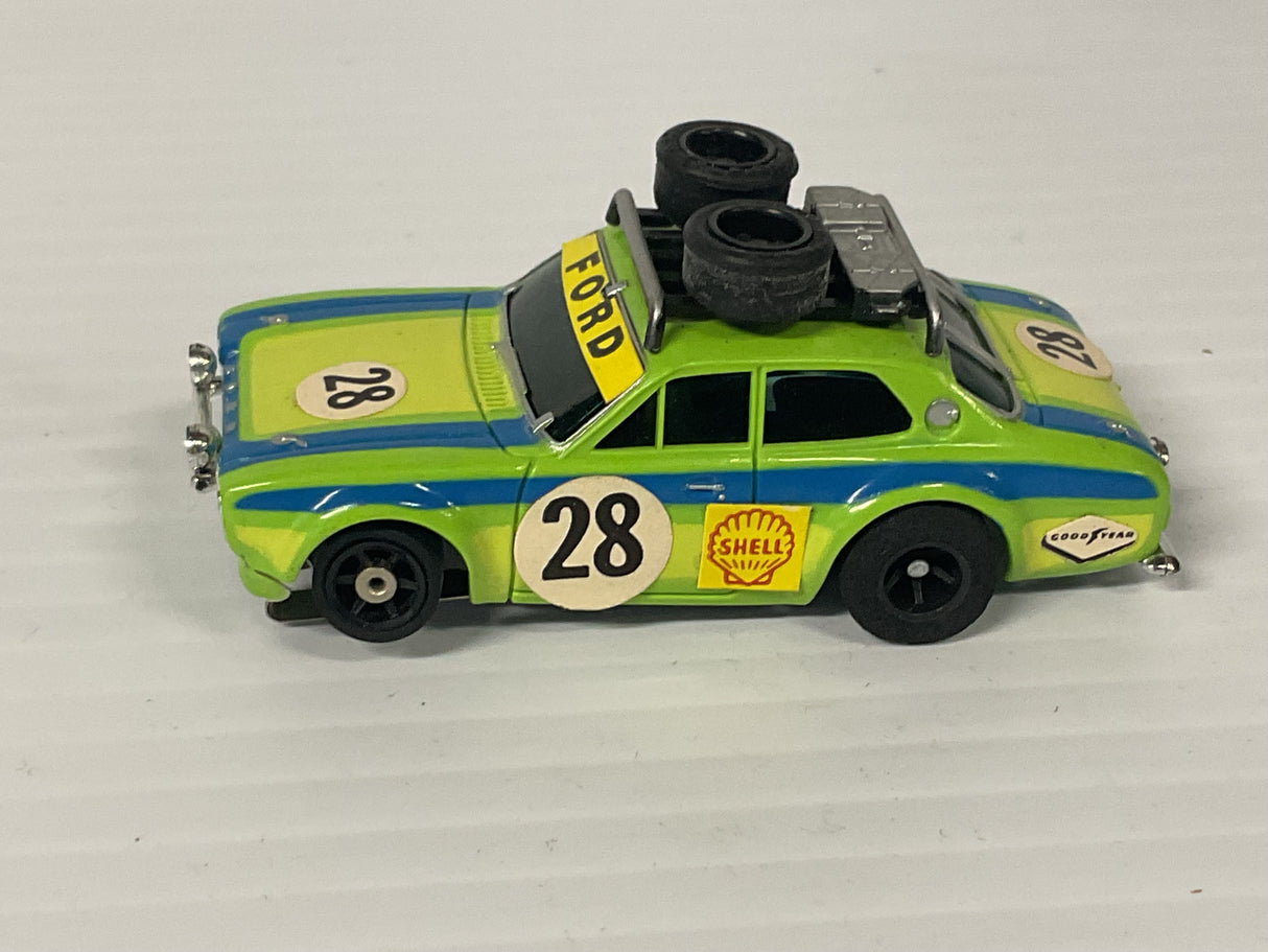 Aurora AFX G-plus Rallye Ford Escort Lime/blue #28 w/stickers  | 1736 | Aurora - AFX