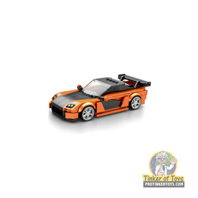 Orange and black 1/24 scale Mazda Rx-7 race car building set for Reobrix REO00804