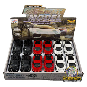 Assortment of 1:32 scale diecast cars in a display box for Xu Ye MIC1524