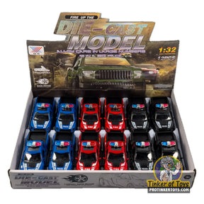 Set of 12 diecast police and fire pickup trucks in a display box for Xu Ye MIC1536
