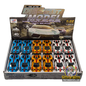 Assortment of 1:32 scale diecast sports cars in a display box for Xu Ye MIC1527
