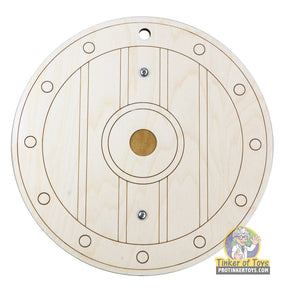 Wooden Viking shield with circular design and holes for play for Magnum Rubber Band Guns 031VKNGSHLDLS
