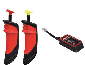 Two red and black wireless remote controls with a black transmitter unit for Carrera 20010120