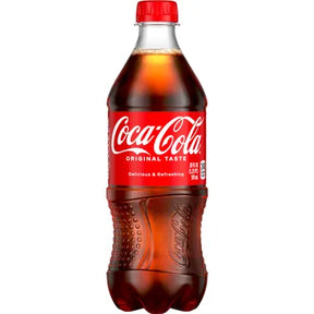 Brown plastic soda bottle with red and white label for Coca-Cola 102603