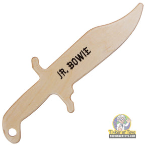 Wooden Bowie knife with "JR. BOWIE" engraved on the blade for Magnum Rubber Band Guns 028JRBWKNF