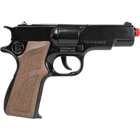 Black diecast cap gun with brown grip, 1911 style replica for Gonher 125/6, front view