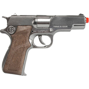 Silver diecast cap gun in 1911 style with brown grip for Gonher 125/0, front view