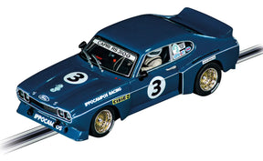 Blue slot car of a Ford Capri RS 3100 race car for Carrera Evolution 20027834, front view