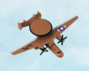 Brown model airplane, E2C Hawkeye, flying against a light sky for HotWings 14132