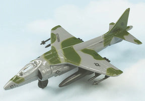 Model airplane of an AV-8B Harrier jet in camouflage paint for HotWings 14146