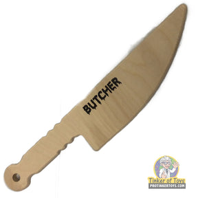 Butcher knife toy, tan wood color, with "BUTCHER" engraved on the blade for Magnum Rubber Band Guns 016BTCHR