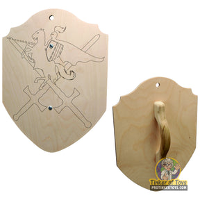 Wooden shield with knight silhouette design and a separate plain shield for Magnum Rubber Band Guns 019LGSHLDS