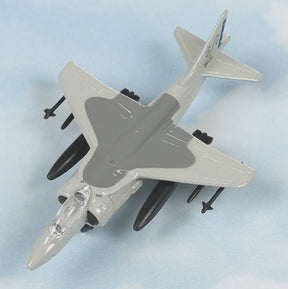 Model Harrier jet aircraft toy, gray and white, displayed on a light blue surface for HotWings 14123