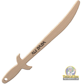 Wooden Ali Baba Arabian sword toy, featuring "ALI BABA" engraved on the blade for Magnum Rubber Band Guns 007ALBBB