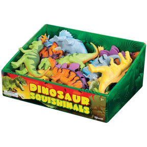 Assortment of colorful, squishy dinosaur toys in a green box for Toysmith 1754