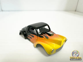 Black and yellow 1941 Willys Gasser model car with flame decals for Model Motoring MM01010