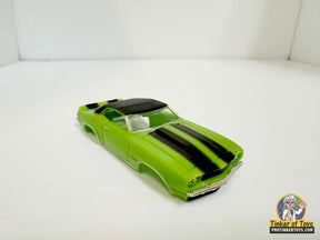 Light green 1969 Camaro RS convertible with black racing stripes for Model Motoring MM07042, front view