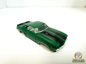 Dark green 1969 Camaro Z/28 slot car with black racing stripes for Model Motoring MM08032, front view