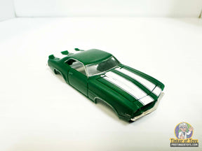 Dark green 1969 Camaro Z/28 slot car with white racing stripes for Model Motoring MM08031, front view