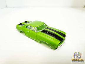 Green 1969 Camaro Z/28 slot car with black racing stripes for Model Motoring MM08042, front view