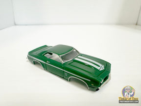 Dark green 1969 Yenko Camaro slot car with white racing stripes for Model Motoring MM12031, front view