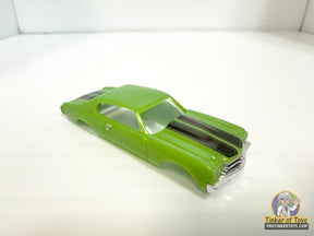 Light green 1970 Chevelle SS slot car with black stripes for Model Motoring MM13042, front view