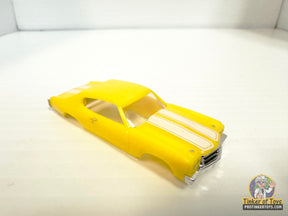 Yellow and white striped 1970 Chevelle SS slot car for Model Motoring MM13091, front view
