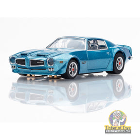 Blue slot car of a 1970 Firebird Formula 400 for AFX/Racemasters 22123, front view