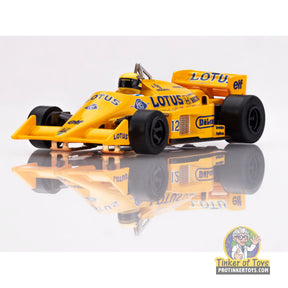 Yellow and blue 1987 Lotus 99T race car toy for AFX/Racemasters 22114, front view