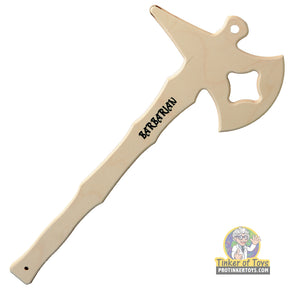 Wooden toy axe with "BARBARIAN" engraved on the handle for Magnum Rubber Band Guns 011BRBRN