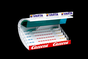 Tiered display stand with red and white branding for collectibles for Carrera 20021100