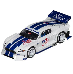White and blue Ford Mustang slot car with racing decals for Carrera 20027752
