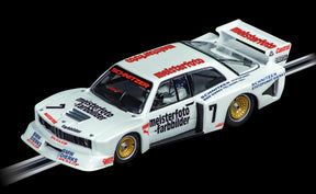 White slot car of a 1980s BMW race car with sponsor decals for Carrera Evolution 20027798