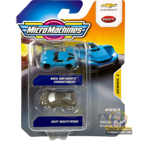 Two die-cast cars: 2009 Corvette Stingray and Bugatti Veyron models for MicroMachines MMW0268