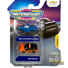 Two die-cast vehicles: 2016 Chevy Silverado and Fire Chief for MicroMachines MMW0276