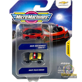 Two die-cast cars: 2020 Corvette and police cruiser for MicroMachines MMW0269