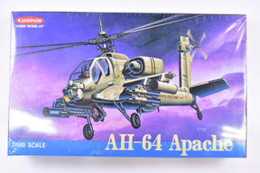 Model kit box art featuring a detailed AH-64 Apache helicopter model for Kangnam Model AH-64 Apache 1/100 Scale