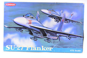 Model kit box art showing three Su-27 Flanker jets in flight for Kangnam Model SU-27 Flanker 1/72 Scale